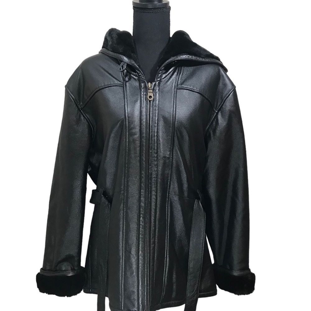 Vintage Ladies black hooded (Wilson) leather coat.